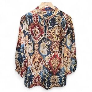 Chaps Top Womens Plus 1X Brown Printed Peasant Blouse Neck Tie Semi Sheer Casual